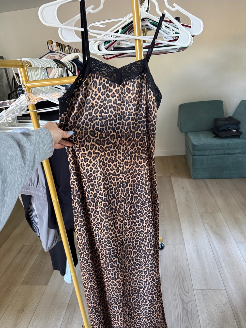 Leopard Print Slip Maxi Dress with Lace Trim - Brown